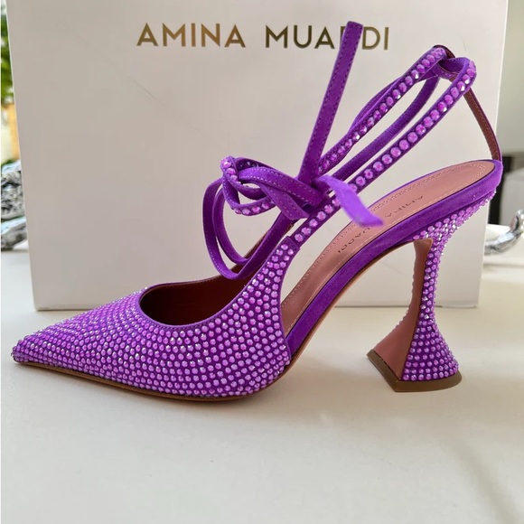 Amina Muaddi Karma Embellished Suede Crystal Embellished Lace Up Pumps Violet - Picture 5 of 9